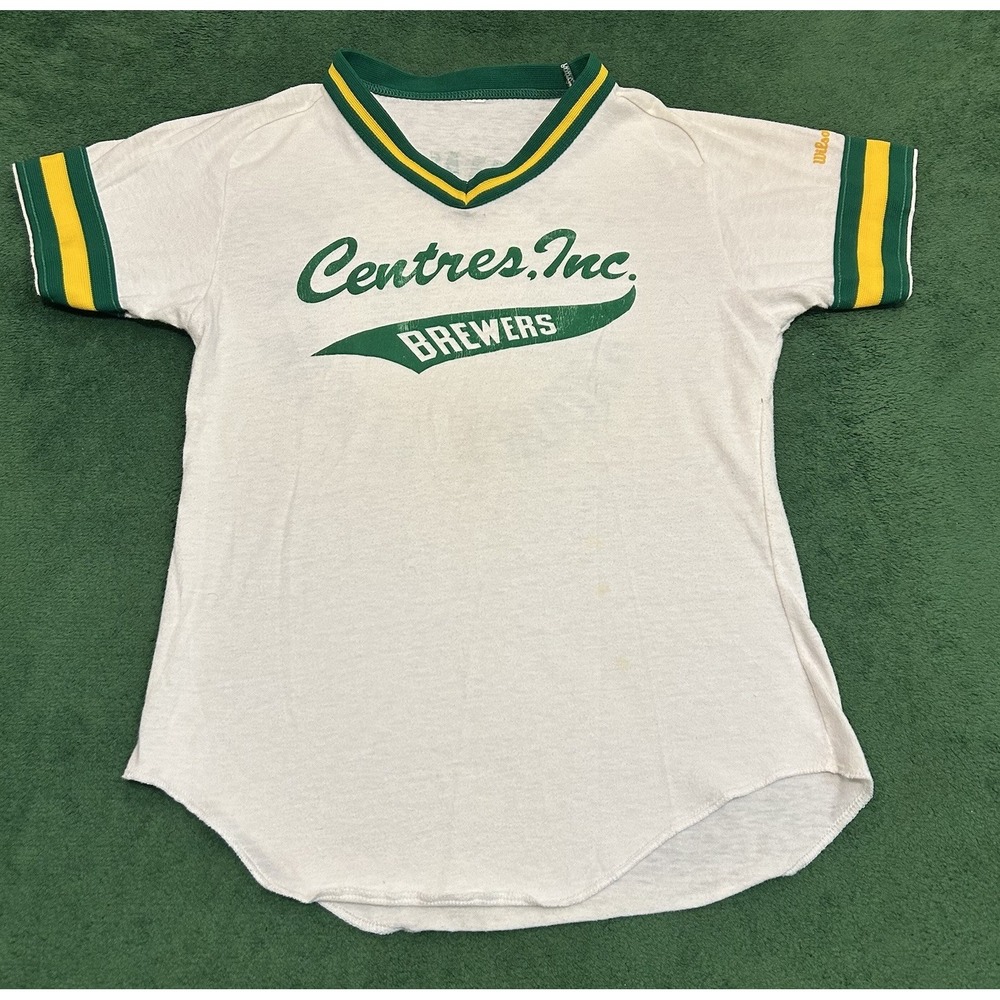 Vintage Wilson Baseball Jersey Centres Inc Brewers Khoury League White Green S